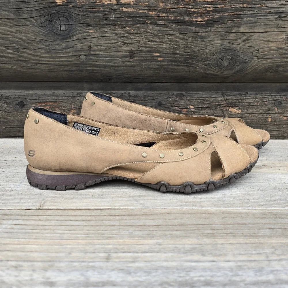 Skechers Bikers Y2K Boho Minimalist Nubuck Studded Peep Toe Comfort Flats 9.5M